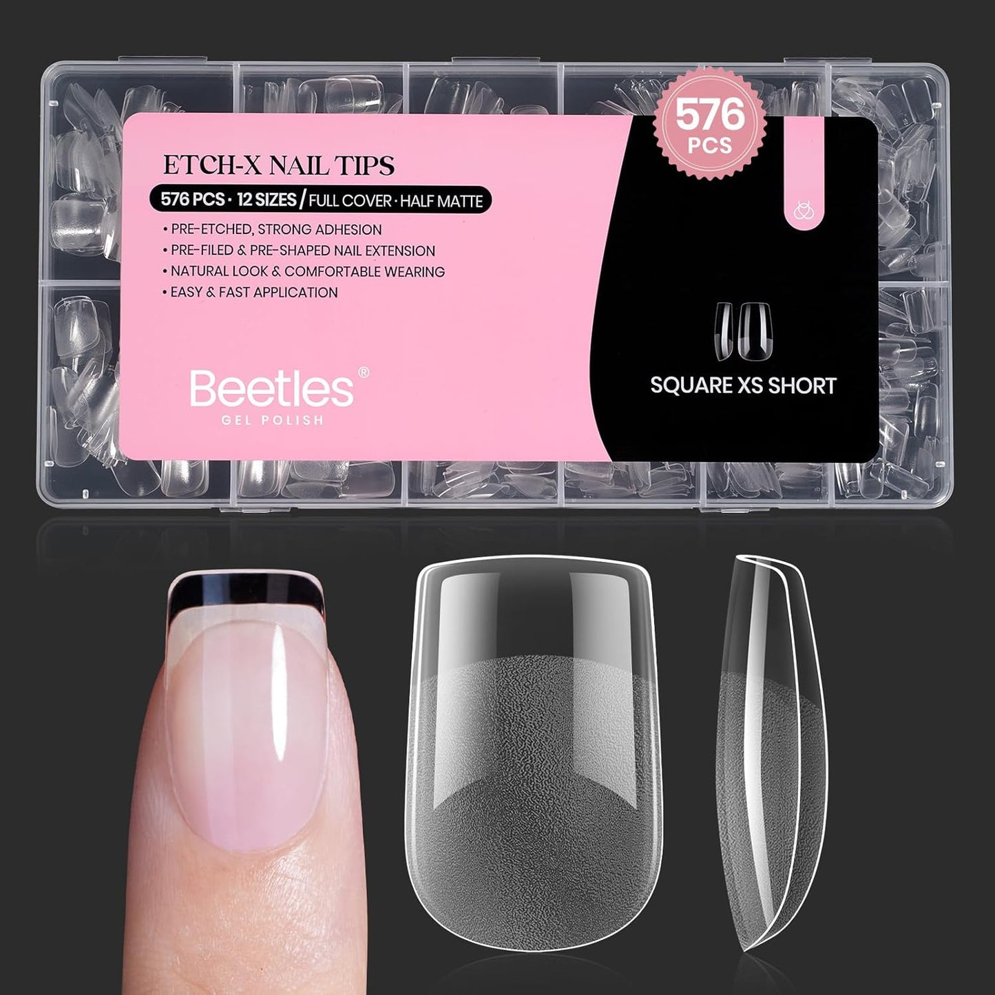 Beetles Short Square Nail Tips: 576PCS 12 Sizes XS Short Square Half Matte Clear False Acrylic Press on Nails Tips Pre-shape Full Cover Nail Tips Nail Extension DIY