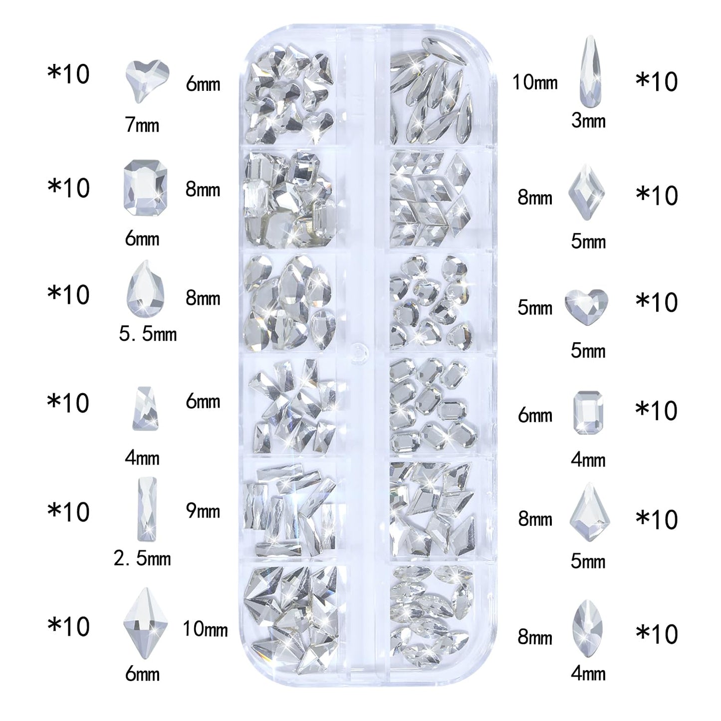HNUIX Nail Rhinestones - 3D Multi Shape Size, Crystal Clear Nail Gems, Flat Back, with Kit, for Nail Art, DIY Decorations