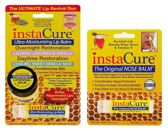 InstaCure's Original Nose Balm Fast Relief for Cracked, Dry & Sore Noses! Ultra-Moisturizing Lip Repair Duo. Calming Lavender & Vanilla Overnight Lip Mask + Cooling Sweet Vanilla Mint Daytime Lip Balm