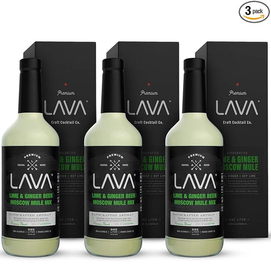 (3 Pack) LAVA Premium Spicy Moscow Mule Mix by LAVA Craft Cocktail Co., Made with Ginger Beer, Key Lime Juice, Real Ginger Puree, No Artificial Sweeteners, Ready to Use, 1-Liter (33.8oz) Glass Bottle