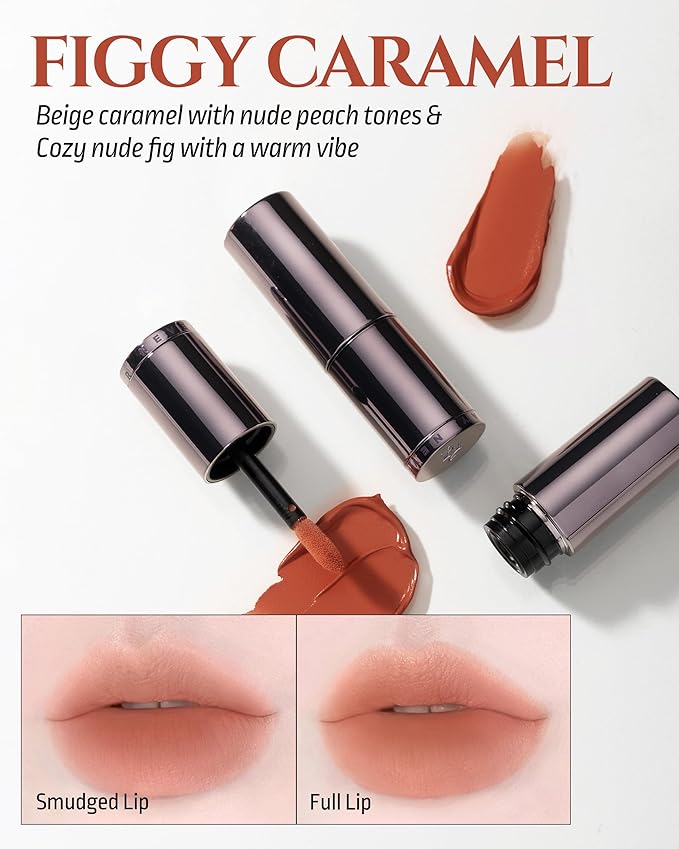 HEVVYMAKEUP Blurring Effect Lip Tint - Airy Velvet Matte Lips - Vegan, Longwear, Vibrant, Buildable Creamy Soft Texture - Korean Lip Makeup, Figgy Caramel, 0.13 fl.oz.