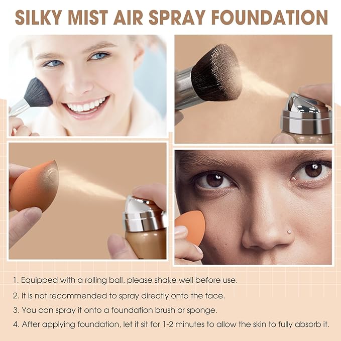 AirBrush Foundation Spray, Silky Mist Foundation Spray Makeup Set with Brush, Full Coverage Foundation for Smooth Radiant Finish, Formula Breathable Lightweight Hydrating | #04 Buff Beige