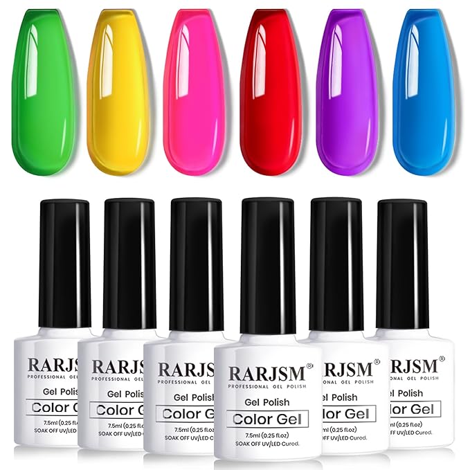 RARJSM Neon Jelly Gel Nail Polish Set 6pcs Clear Crytal Glass Yellow Blue Green Red Pink Purple Transparent Sheer Gel Varnish LED UV Curing Requires French Manicure Soad off Summer Iridescent Colors