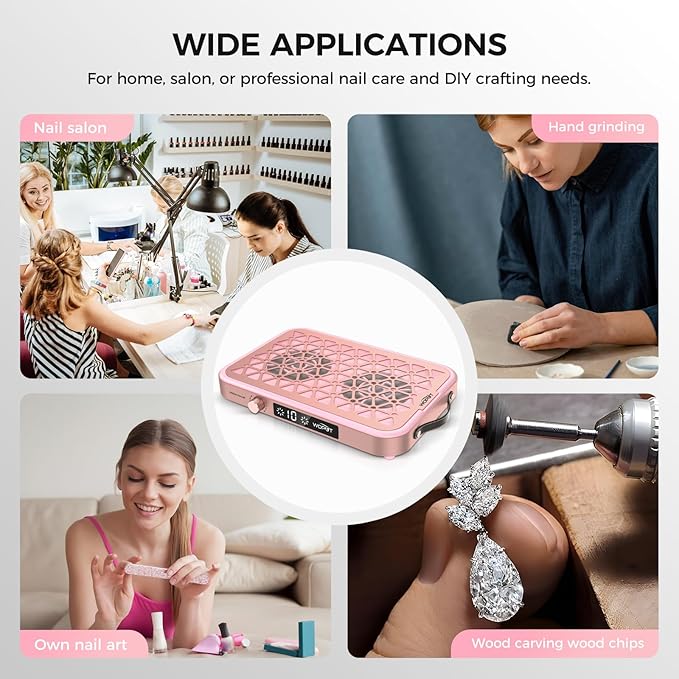 Professional Nail Dust Collector, 1600PA Portable Vacuum Fan Dust Collector with Disposable Filter Paper (30 Pcs) for Nail Polishing & Manicure Pedicure, Low Noise, Nail Salon & Home - Pink