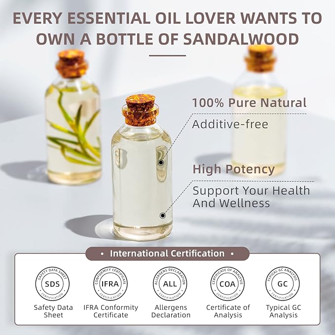 HIQILI Sandalwood Essential Oils, Long-Lasting Scent for Perfume, Diffuser, Soap Making & Candle- 16 Fl Oz
