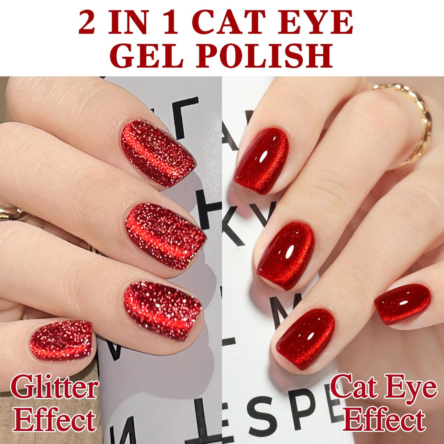 Double Rhythm 15ML Ice Glass Cat Eye Gel Polish with Magnet Holographic Glitter Shimmer Translucent Sheer Color Salon Soak Off Magnetic Nail at Home (Red Glitter-MC1108)