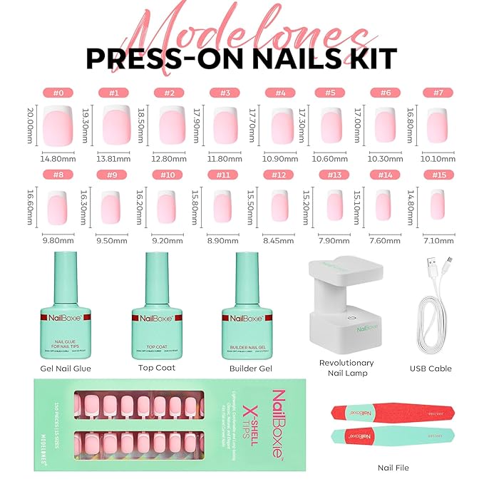 Modelones Press On Nails Kit with Top Coat Nail Glue for Nail Tips Builder Nail Gel 160 PCS Short Brown Square French Tip Press on Nails with LED Light for Easy DIY Nail Art Kit