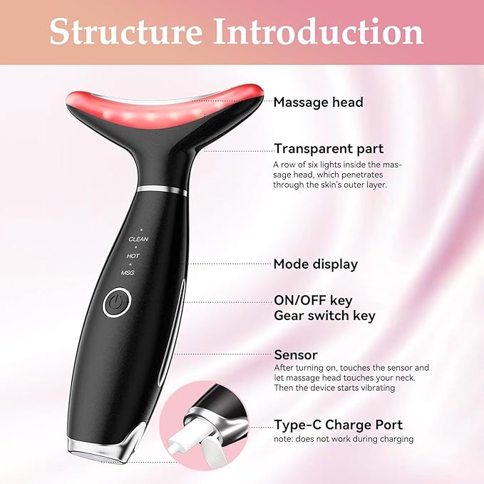 7 Colors Facial and Neck Massager,Lymphatic Contour Face Massager for Womens Skin Care- Rejuvenation- Lifting- Toning- Glow Boost-Tightening and Smooth (Black)