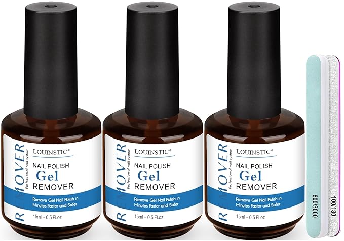 LOUINSTIC Gel Remover Kit – 3 Pcs (45ml) – Quick, Gentle Nail Care Solution for Home or Pro Use with Nail File