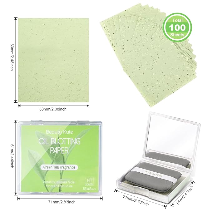 2 Pack Oil Blotting Sheets for Face, Oil Blotting Paper Green Tea Total 100 sheets with Portable Mirror Case & Makeup Puff Makeup Friendly
