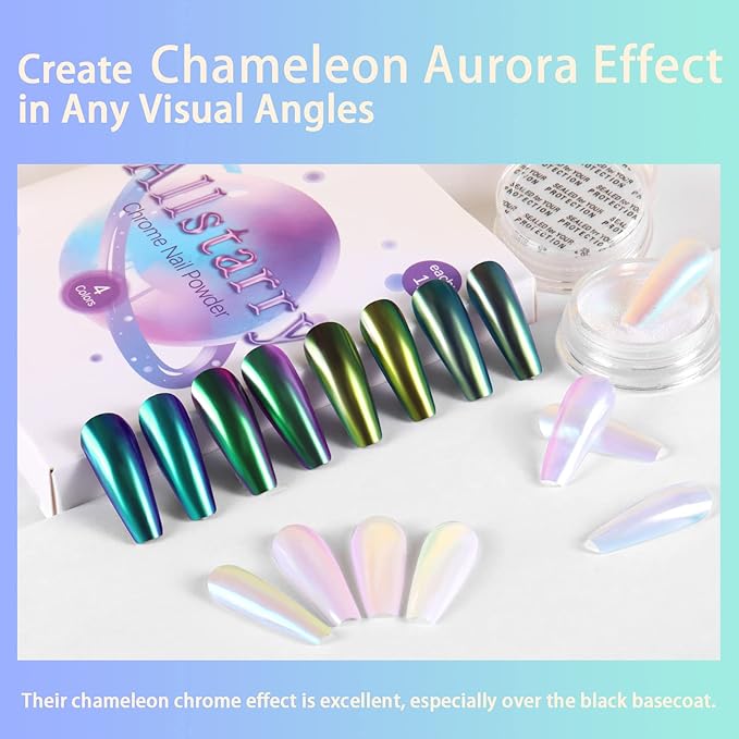 Allstarry White Chrome Nail Powder, 4 PCS Color-Shift Chameleon Mica Powder Aurora Chrome Effect Glitter Dust Iridescent Pearlescent Pearl Pigment for Gel Polish Nail Art Decoration, Resin Craft