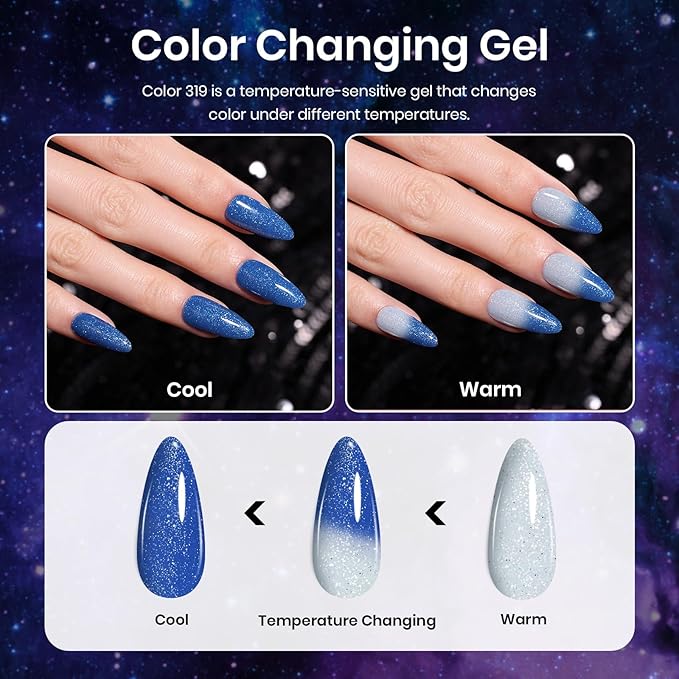Beetles Cat Eye Gel Polish - Milky Way 6 Colors Gel Polish Set, Black Purple Blue Temperature Changing Glitter Nails, Halloween Galaxy Nails Kit with Magnet Stick Soak Off Uv Lamp Gel