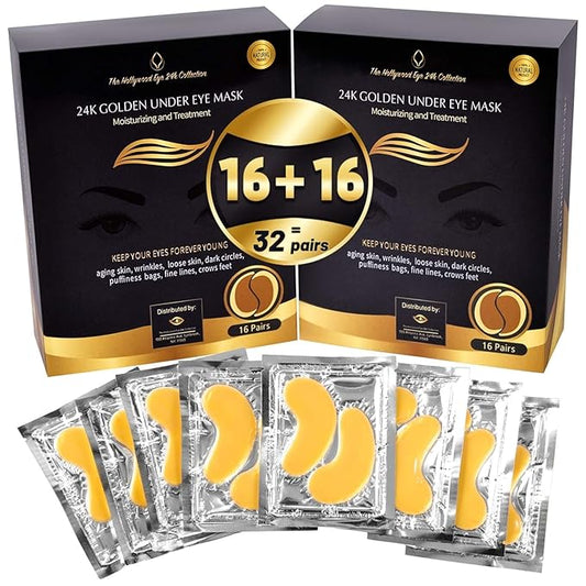 24K Gold Under Eye Patches, Eye Mask,Eye Patches for Puffy Eyes and Dark Circles, Eye Masks Skincare (32 pairs pack of 2 boxes)
