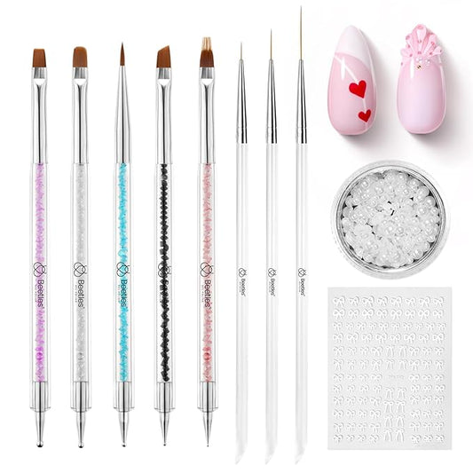 Beetles Nail Art Brushes, 8pcs Double-headed Nail Art Tool Set, Nail Dotting Tools, Striping Nail Art Brushes for Lines, Nail Drawing Pen with Bow knot Stickers Gift for Women