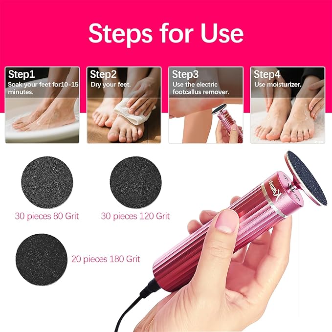 5.3'' Electric Foot Callus Remover with 80pcs Sandpaper Discs & Brush, Professional Aluminum Ergonomic Pedicure Tool, Stepless Speed & Reverse Control for Dead Skin Removal (Pink)