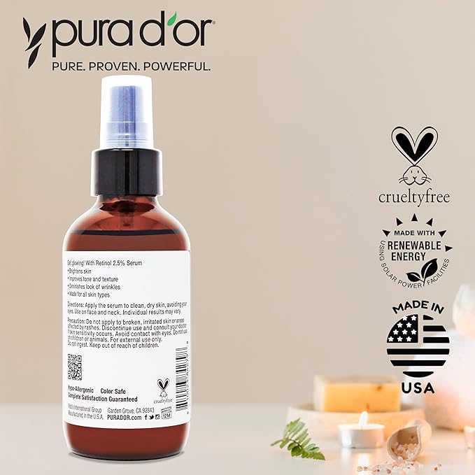 PURA D'OR 3.3 Oz Retinol Serum For Nighttime - Advanced PM Skin Care Formula - Anti-Aging Wrinkle Reducer for Radiant Skin - Natural Vitamin A & Collagen Booster - Fine Lines Treatment - Travel Size