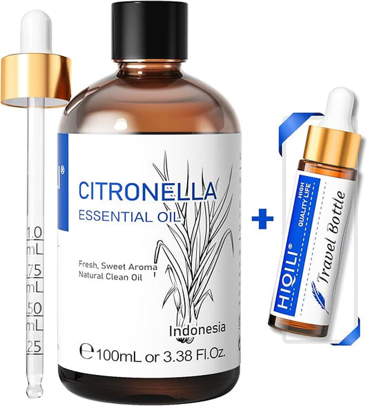HIQILI 100ML Citronella Oil for Homemade Sprays, Add to Diffuser, 100% Pure and Natural Undiluted 3.38 Fl Oz