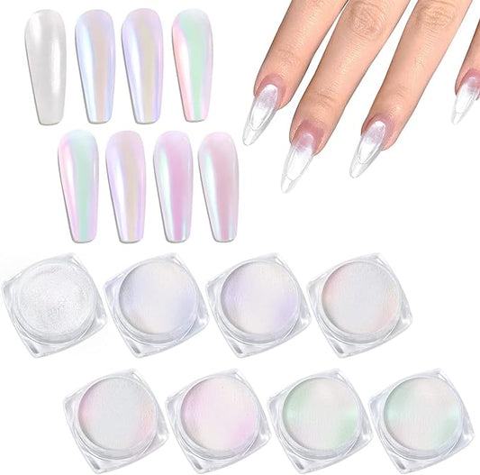Laza White Pearl Chrome Nail Powder, 8 Colors Metallic Mirror Effect Pigment, Ice Transparent Aurora Nail Glitter Dust Kit for Gel Nail Art Decoration, Resin Craft, Gifts - Colorful White