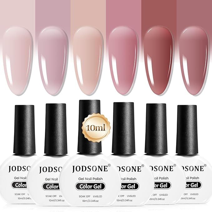 JODSONE 6PCS Jelly Gel Nail Polish Set 6Colors 10ml Long Lasting Neutral Nude Pink Pale Purple Jelly Gel Polish Art for Nail and Salon Need U V Lamp