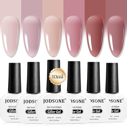 JODSONE 6PCS Jelly Gel Nail Polish Set 6Colors 10ml Long Lasting Neutral Nude Pink Pale Purple Jelly Gel Polish Art for Nail and Salon Need U V Lamp