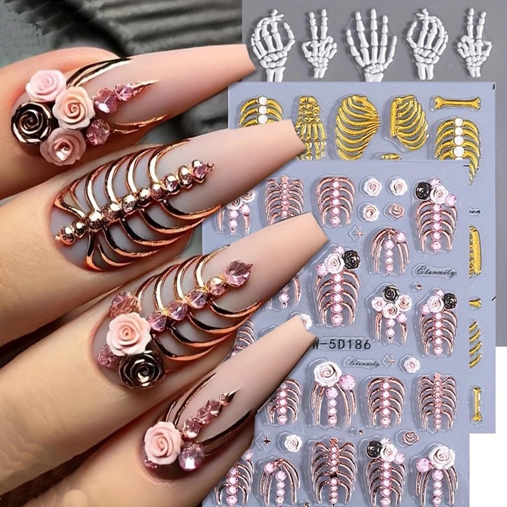3Pcs Skull & Ribcage 5D Nail Stickers - Y2K Gothic Horror Design, Self-Adhesive Foil Decals Halloween Nail Art, Single-Use Plastic Embossed Animal Print, Golden, White, Rose Gold Skull Nails Decals