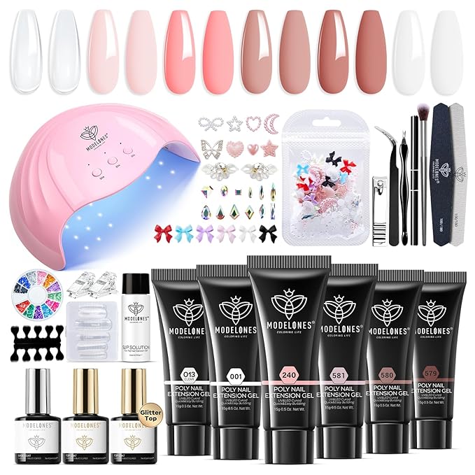 Modelones Poly Extension Gel Nail Kit, 6 Colors Pink Nude with 48W U V/LED Lamp Slip Solution 3D Bow Pearl Charms Decoration Rhinestone Glitter Tools for Manicure Beginner Starter Kit DIY at Home