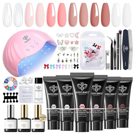 Modelones Poly Extension Gel Nail Kit, 6 Colors Pink Nude with 48W U V/LED Lamp Slip Solution 3D Bow Pearl Charms Decoration Rhinestone Glitter Tools for Manicure Beginner Starter Kit DIY at Home