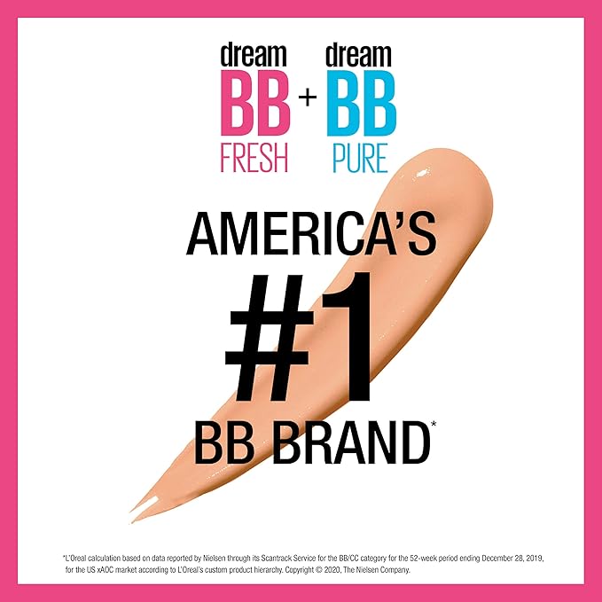 Maybelline Dream Fresh Skin Hydrating BB cream, 8-in-1 Skin Perfecting Beauty Balm with Broad Spectrum SPF 30, Sheer Tint Coverage, Oil-Free, Light, 1 Fl Oz