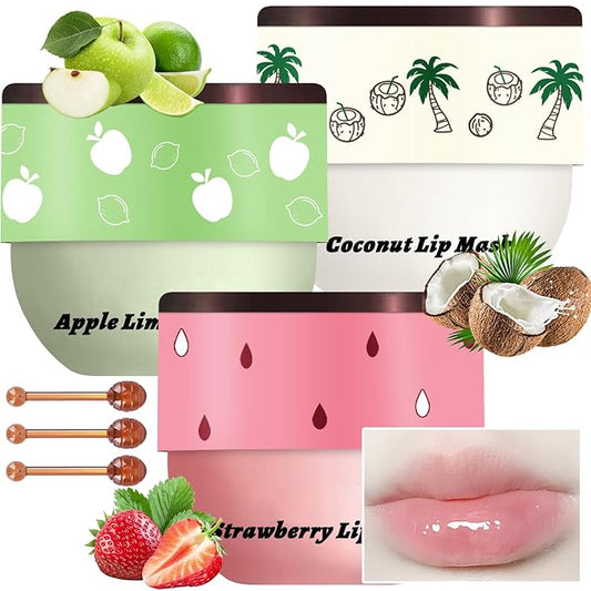 3 PCS Bee Lip Balm Honey Pot, Strawberry & Apple Lime & Coconut Lip Mask Overnight Propolis Moisturizing Lip Balm Hydrating Prevention Dry and Crack Lip Scrubs Exfoliator Lip Wrinkle Care (Set D)