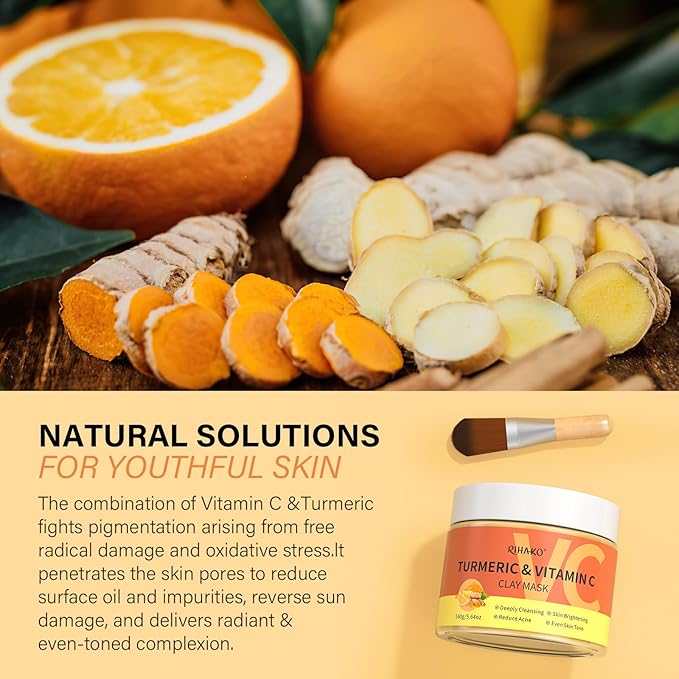Turmeric Vitamin C Clay Mask -Turmeric Facial Mask - Brightening Clay Face Mask Skincare, Deep Cleansing Face Mask, Acne Face Mask for for Dark Spots, Dull Skin, Refining Pores and Controlling Oil