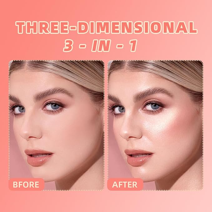 3 in 1 Contour Highlighter Blush Makeup Palette Kit, Matte Shimmer 3 Colors Highlighting Bronzing Blusher Eyeshadow Pallet, Long Lasting Full Face Eyes Contouring Shaping Makeup Set with Mirror