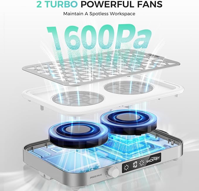 Professional Nail Dust Collector, 1600PA Portable, 10 Speeds, Disposable Filter Papers (30 Pcs), Matte White, Modern, Lightweight, Nail Vacuum for Home & Salon-White