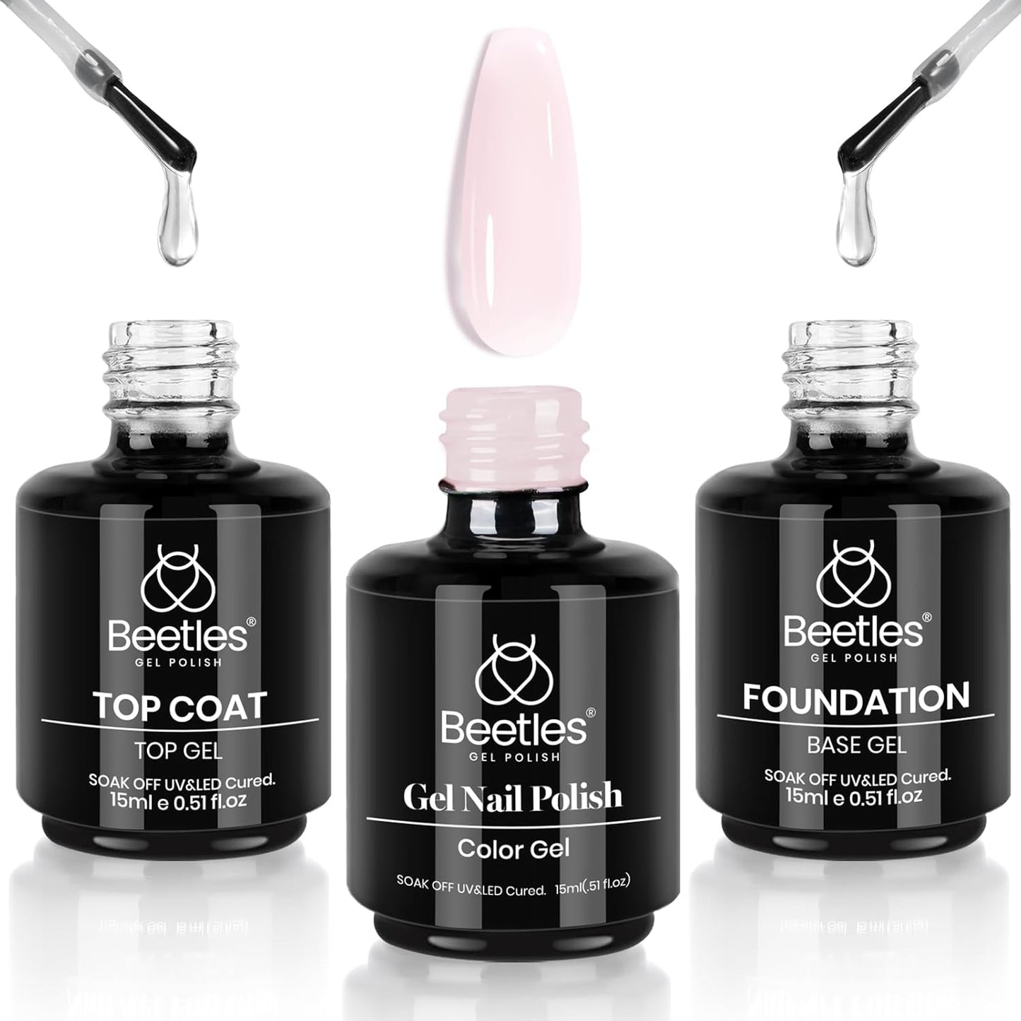 beetles Gel Polish 3 Pcs 15ml No Wipe Gel Top and Base Coat Bubble Bath Gel Polish Soak Off Uv Lamp-Long Lasting Glossy Top Base Gel Milky Pink Gel Nail Polish Jelly Gel Polish Set for Women