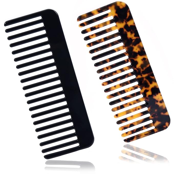 Fsmiling Wide Tooth Comb Large Detangling Comb Cellulose Detangler Comb for Thick Curly Wavy Wet Dry Hair 2 Pack,Black/Tortoise