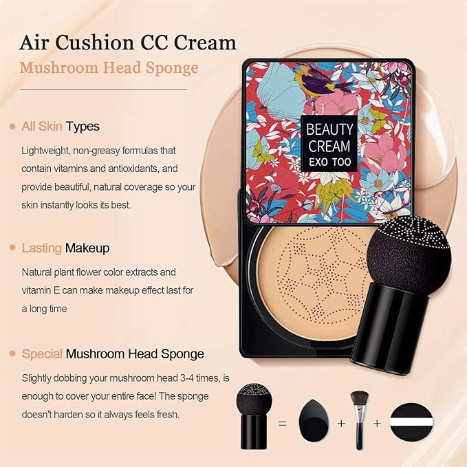 2 Pack Mushroom Head Air Cushion CC Cream Foundation,Beauty Cream EXO TOO Moisturizing BB Cream, Long Lasting Matte Concealer with 2PCS Mushroom Head Sponges (Natural)