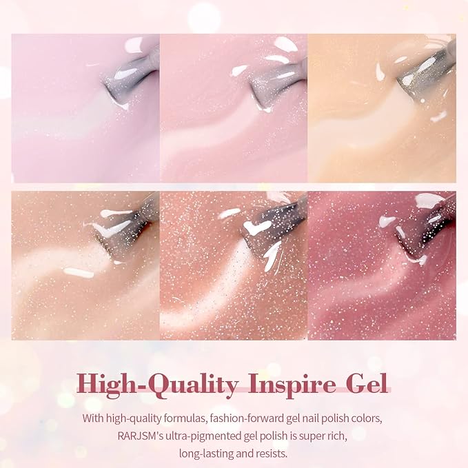 RARJSM Glitter Gel Nail Polish Nude Gel Polish 6pcs Set Shimmery Jelly Nail Gel Polish Iridescent Sparkly Pale Pink Purple Apricot Beige Translucent Natural Skin Tone Color 7.5ml Soak off UV LED Cured