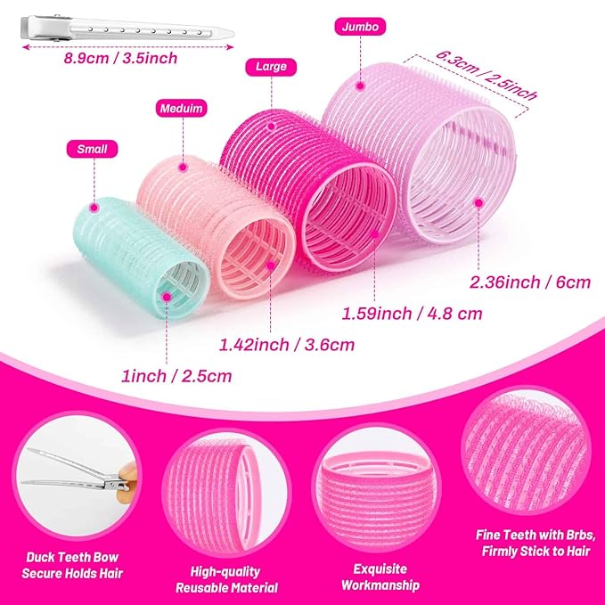 Acejoz Hair Rollers Set for Blowout Look, 38 Pcs Self Grip Hair Rollers with 4 Sizes, 12 Pcs Hair Clips, Comb, Storage Bag for Long, Medium, Short, Thick Hair Volume (Multicolor)