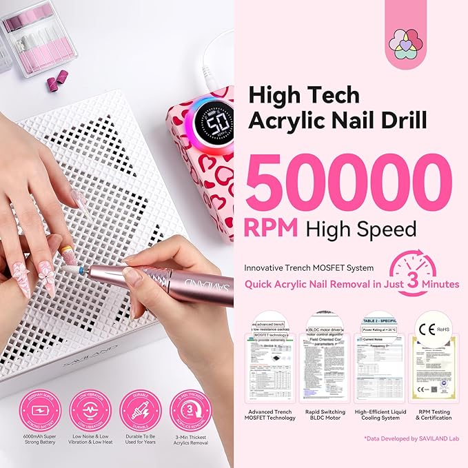 SAVILAND Electric Nail Drill Professional: 50000 RPM Electric Nail File Rechargeable Cordless Nail Drill Kit with Ceramic Drill Bits for Quick Acrylic Nail Removal Ambient Light Leopard Heart Print