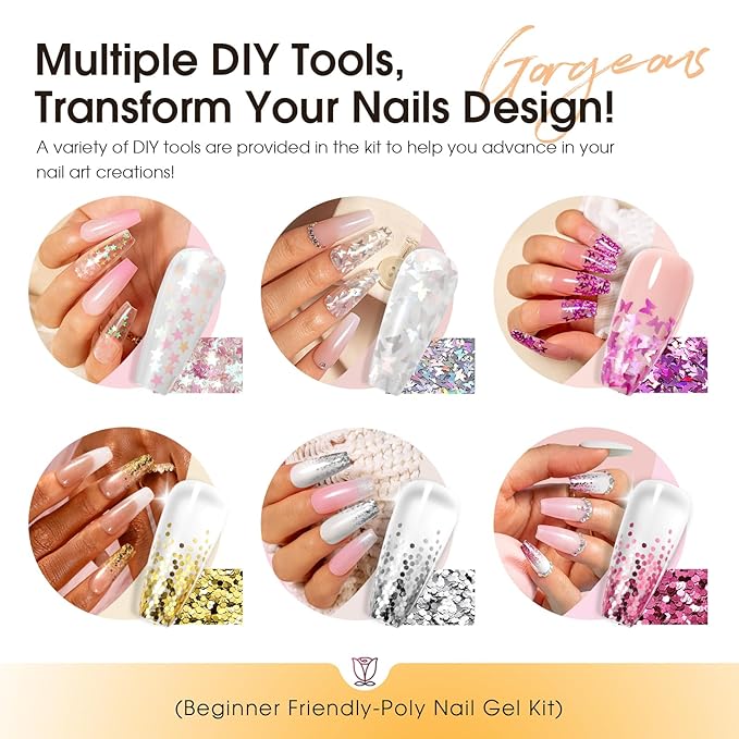 Poly Nail Gel Starter Kit -14 Colors + 75 Nail Art Accessories Kit,ROSALIND Clear Pink Nude Glitter Poly Nail Gel with Big UV Light 48W and Electric Nail Drill Starter Kit
