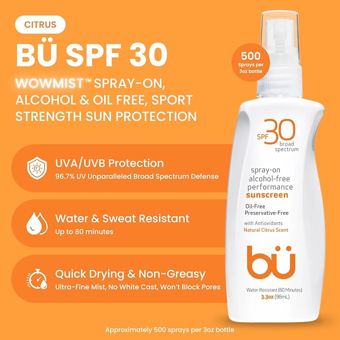 BU SPF 30 Sunscreen Spray for Face and Body, Non Aerosol Spray, Clear WOWmist, TSA Travel Size Sunblock, Oil Free and Water Resistant for Sensitive Skin, Natural Citrus 3.3 oz