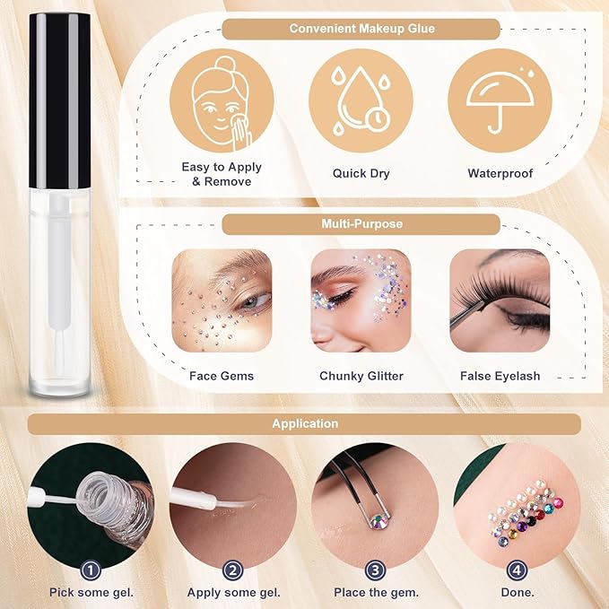 Colorful Face Gems for Makeup Set, Flatback Gorgeous Charming Clear Gass Gem with Makeup Glue+Picker Pencil+Tweezer+Dual-End Dotting Tool for Eye Body Hair Make-up and Nail Art Deco