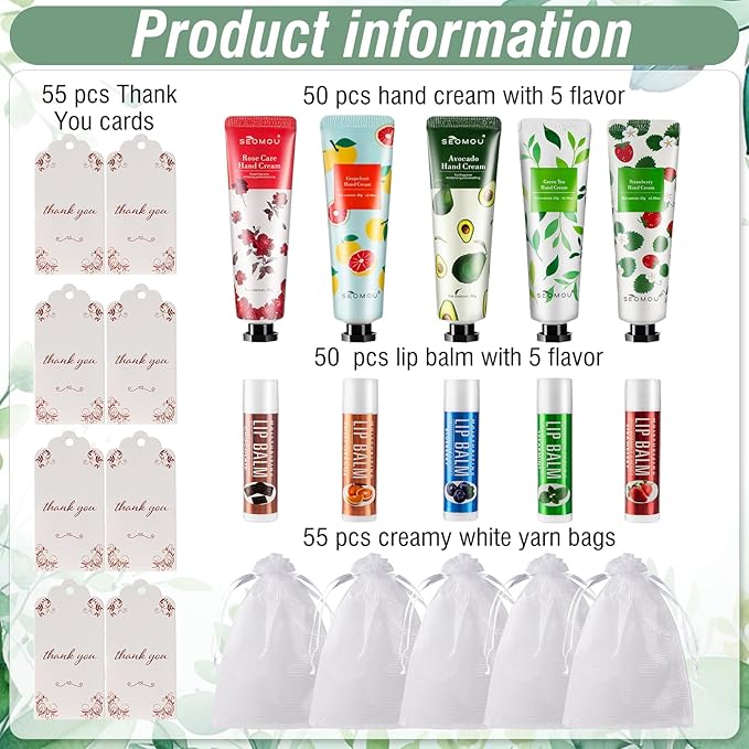 50 Set Bridal Shower Favors for Guests,Hand Cream Bulk and Lip Balm Bulk for Bridal Wedding or Baby Shower Party Gifts for Adults with Organza Bag Thank You Card