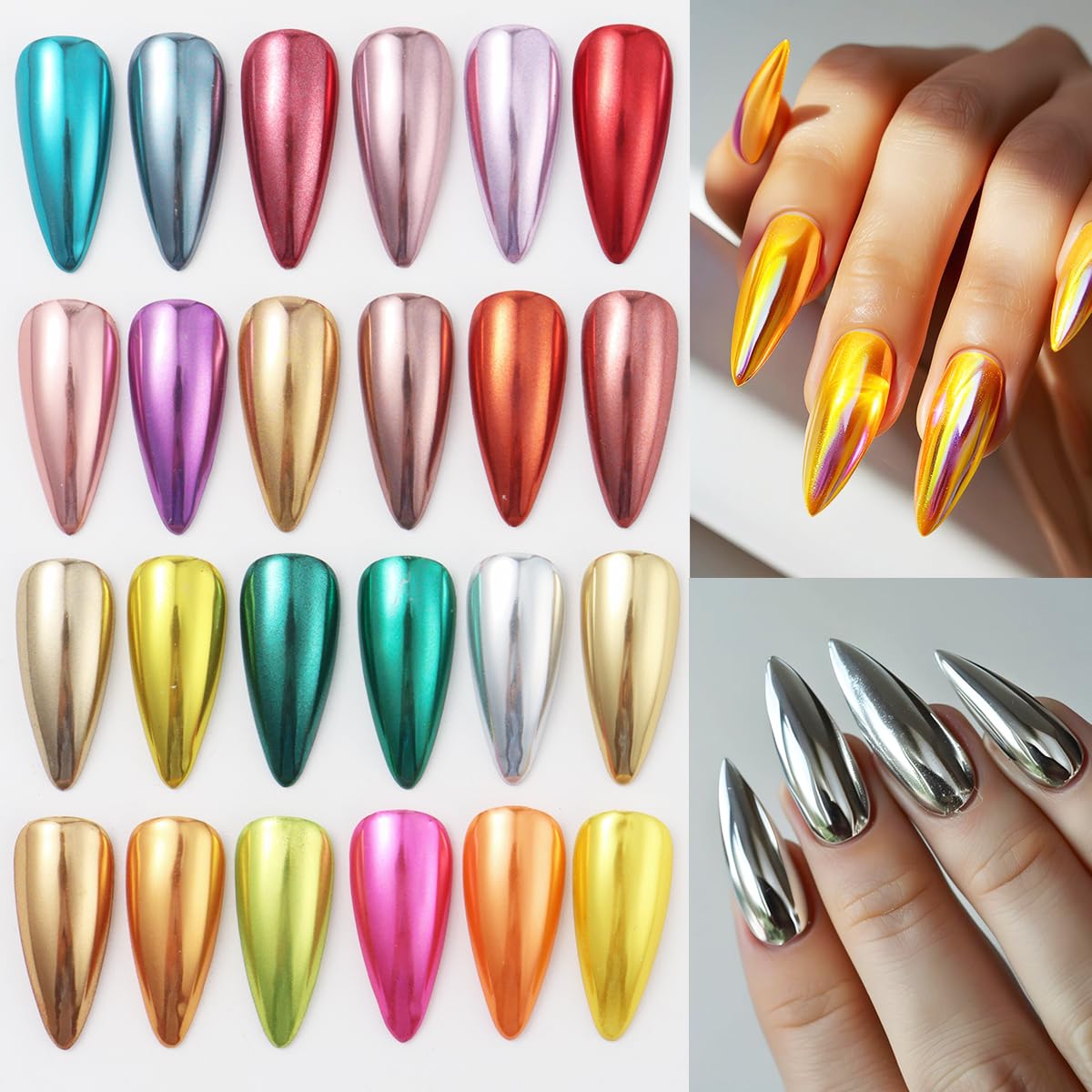 24Pcs Chrome Nail Powder Set - Metallic Mirror Effect Holographic Iridescent Aurora Mermaid Nail Powder Pigment Silver Red Green Gold Nail Chrome Powder for Nails Art Decoration(24 Eye Shadow Sticks)