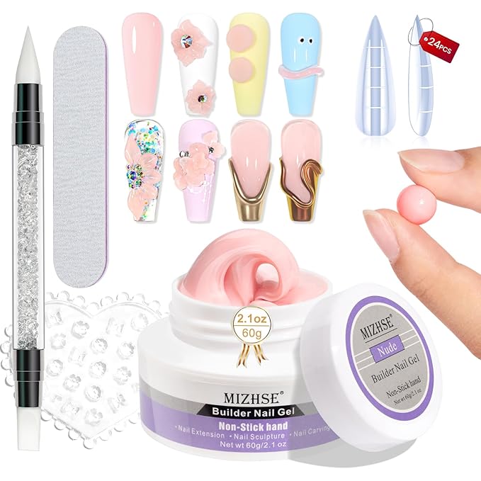 MIZHSE Solid Nail Builder Gel, 2.1 oz 60g Nude Builder Gels for Nails Non-Sticky Solid Builder Gel for Extensions Hard Gels with 24pcs Dual Forms and Silicone Pen Nails Art Manicure Set