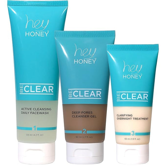 Hey Honey Skincare Be Clear 3-Step Acne Clearing Kit |Clear Face Wash, Deep Pores Cleansing, Overnight Treatment | with Propolis & Honey | Clear Blemish Skin Purifying Formulas | 3-Piece Kit
