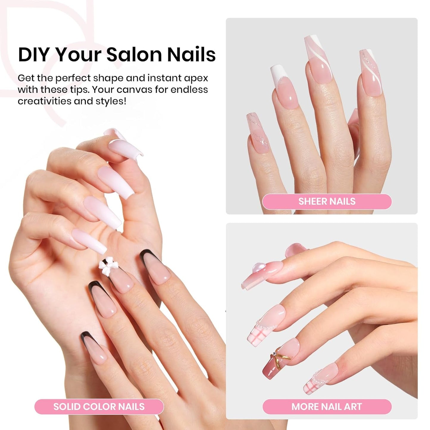 Beetles Tipex Gel Nail Kit with 224Pcs 16Sizes Medium Coffin Apex Nail Tips C Curved , Pre-building Acrylic Nails with Tipex Nail Glue，Mini Nail Lamp, Nail File for DIY Nails or Salon Use