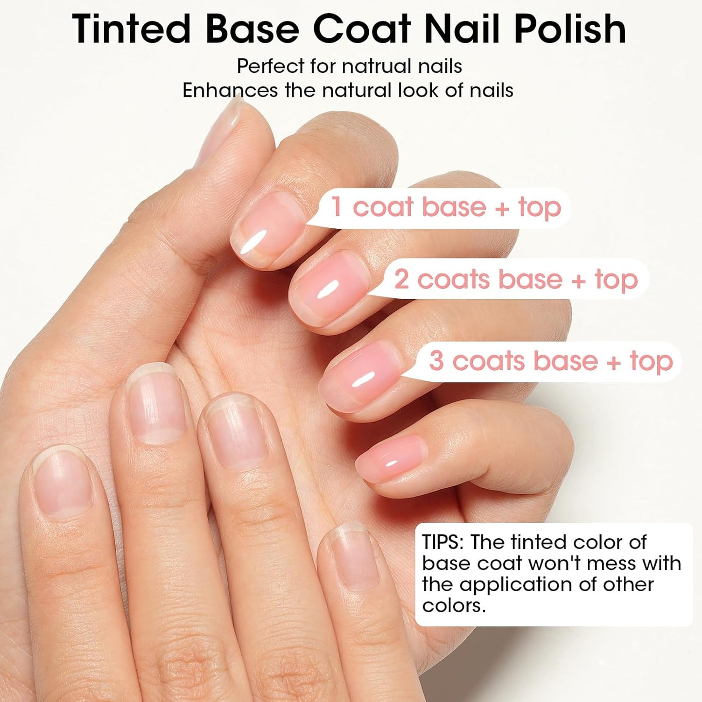 GELLEN 4‑in‑1 Clear Nail Polish Base Coat Sheer Tinted Natural Pink, Ridge Filler, Nail Strengthener & Concealer, Calcium Formula Strengthens Nails, Enhances Natural Look, No HEMA, Anti-yellowing