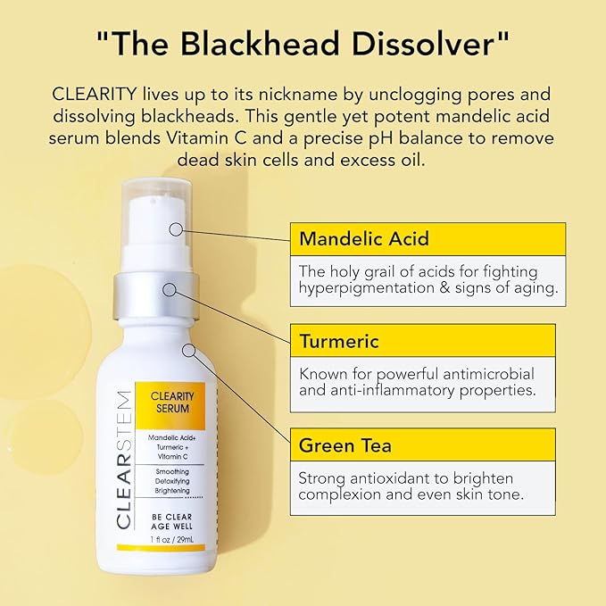 CLEARSTEM - CLEARITY The Blackhead Dissolver Mandelic Acid Serum - Vitamin C, Turmeric, Collagen Boost - All Skin Types - Facial Skin Care Products - Gluten Free, Cruelty Free - 1 fl oz / 29ml