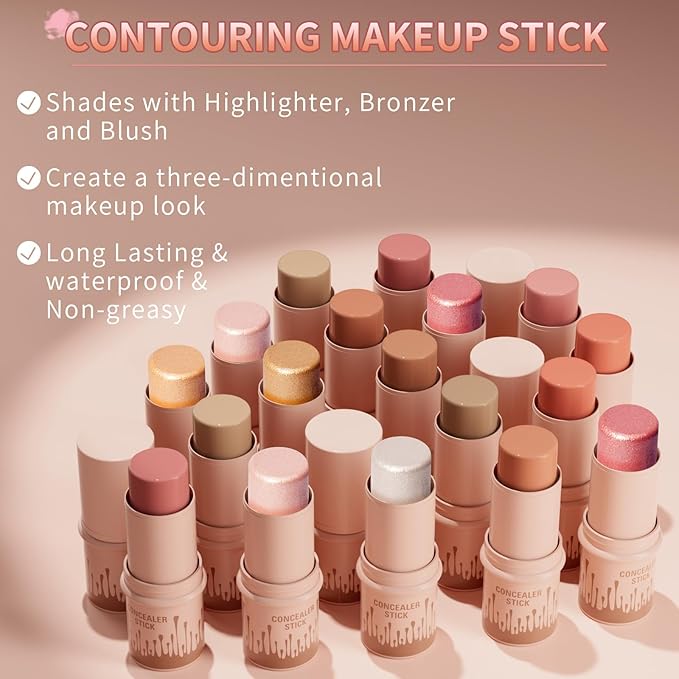 3Pcs Cream Contour Stick, with Highlighter Stick Milk Bronzer Stick Blush Stick, Face Contour Stick Highlighter Makeup with Makeup Brush and Sponge, Easy to Sculpt the Face, Long Lasting