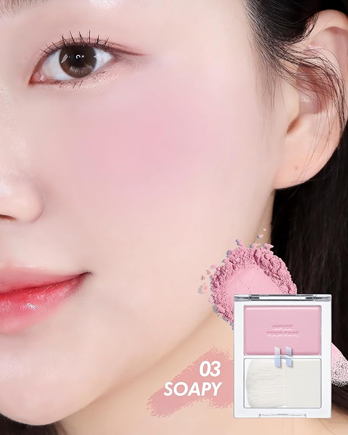 HOLIKA HOLIKA Infusing Blush with Brush - Lightweight, Smooth, Blendable Cheek Blusher, Sebum-Control, Natural Pore Coverage, Built-In Brush, Long-Lasting Pigment for Romantic Mood (03 SOAPY)